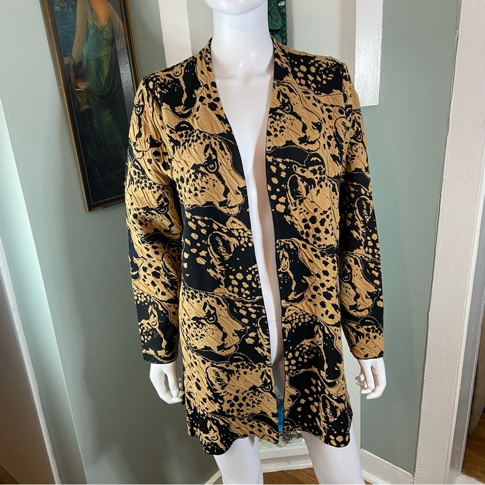 Chico's Sz 2 Cheetah Animal Print Jacquard Cardigan Duster Sweater Leopard Large - Picture 2 of 14
